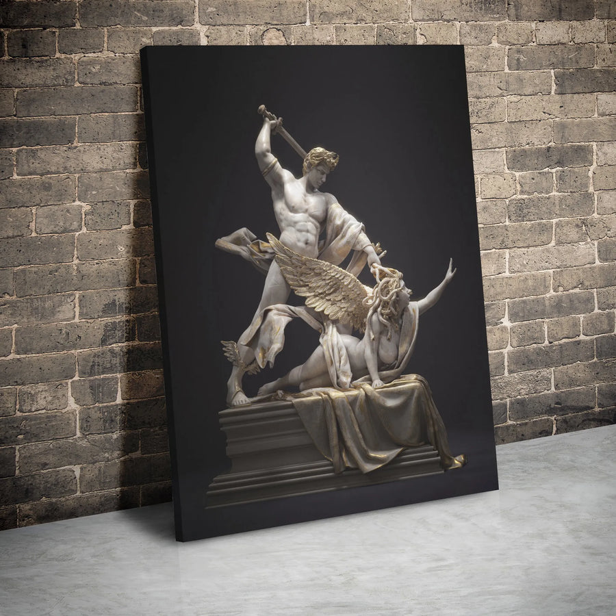 Perseus Slaying Medusa Canvas Art | Greek Mythology Marble & Gold Statue Print | Premium Gallery Wrap Decor | Mythological Wall Art Gift