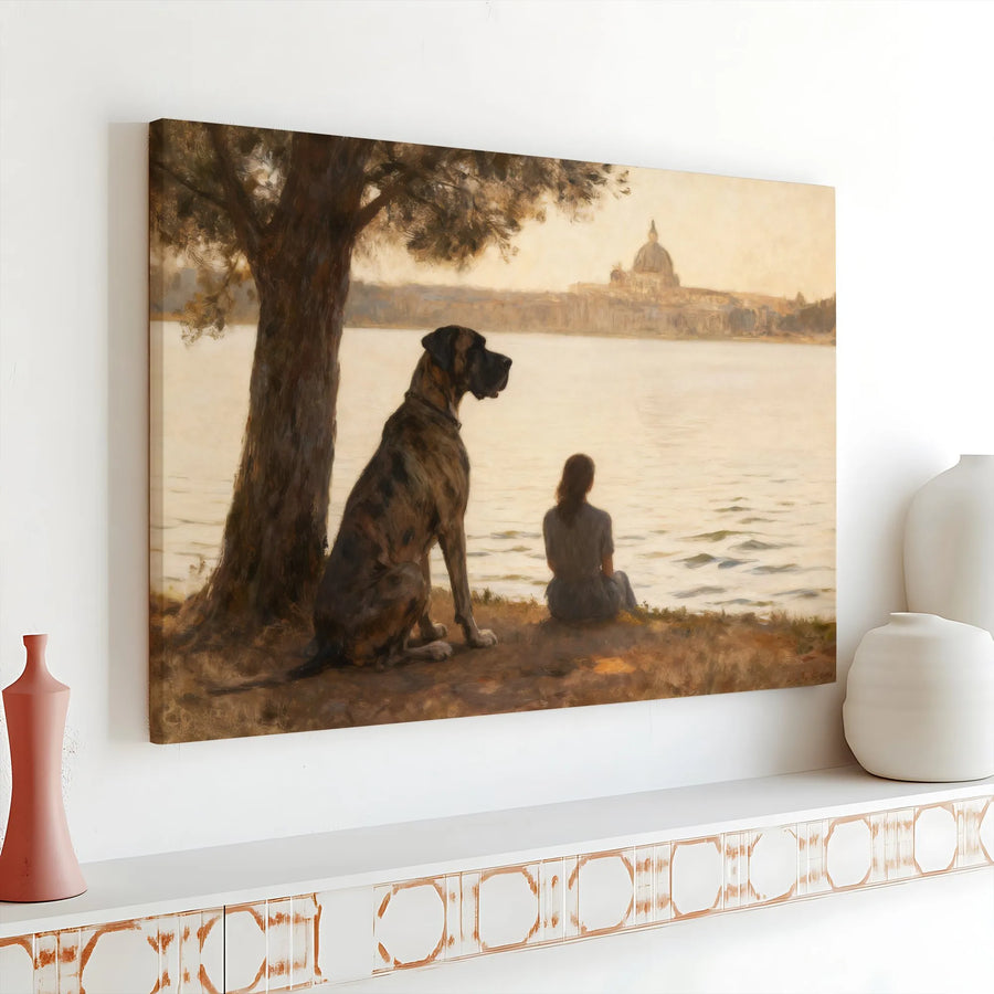 Great Dane and Woman Canvas Wall Art | Classical Landscape Oil Painting Print | Premium 1.25 Inch Gallery Wrap | Dog Lover Home Decor Gift