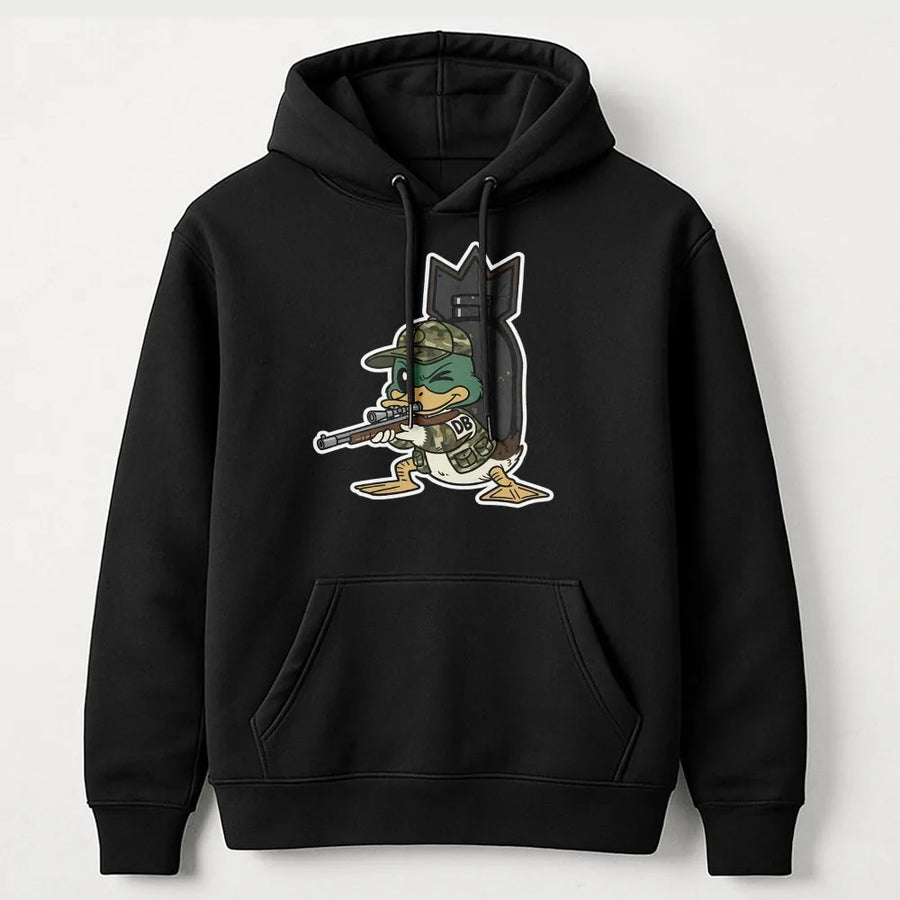 Duck Hunting Hoodie | Camo Sniper Duck Cartoon Graphic | Premium Cotton Blend | Gift for Waterfowl Hunters and Outdoor Enthusiasts