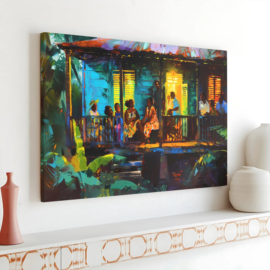 Black Family Porch Gathering Canvas Art | Vibrant Night Scene Wall Decor | 1.25-Inch Gallery Wrap Print | Premium Cultural Home Gift