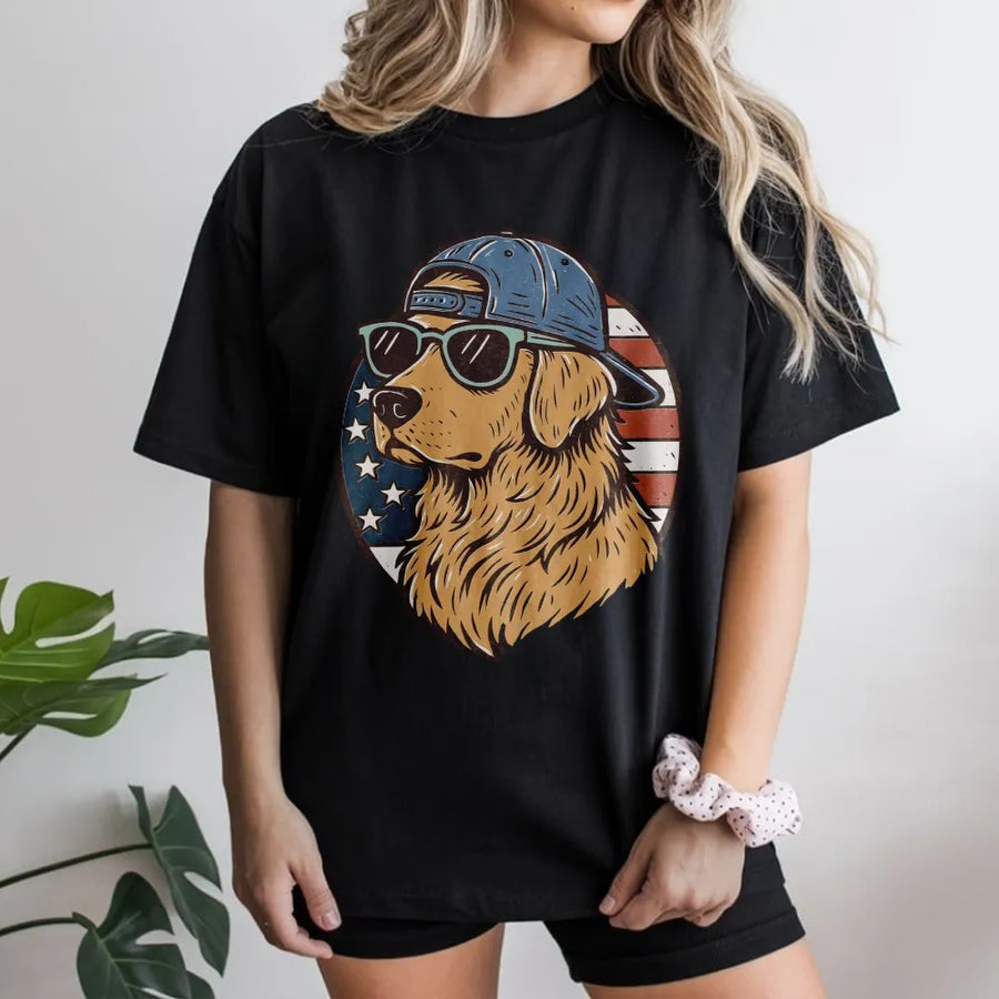 Golden Retriever USA T-Shirt | Patriotic American Flag Dog Graphic | 100% Cotton Premium Tee | Funny Fourth of July Gift for Dog Lovers