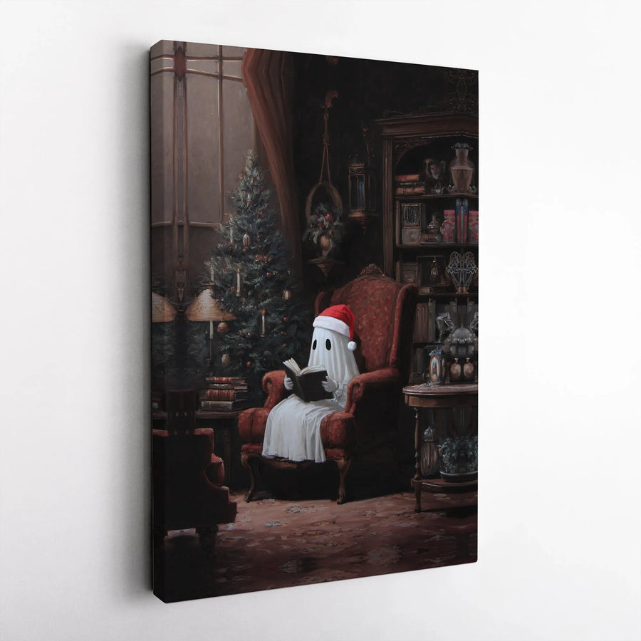 Ghost Reading Book Canvas | Festive Christmas Ghost in Santa Hat Wall Art | Premium Gallery-Wrapped Print | Cozy Holiday Decor Gift
