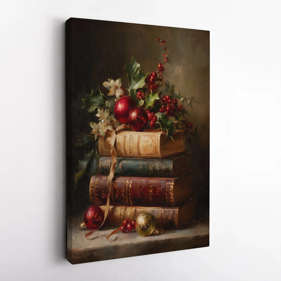 Christmas Still Life Canvas | Antique Books & Holiday Ornaments Print | Gallery-Quality 1.25" Profile | Festive Farmhouse Home Decor