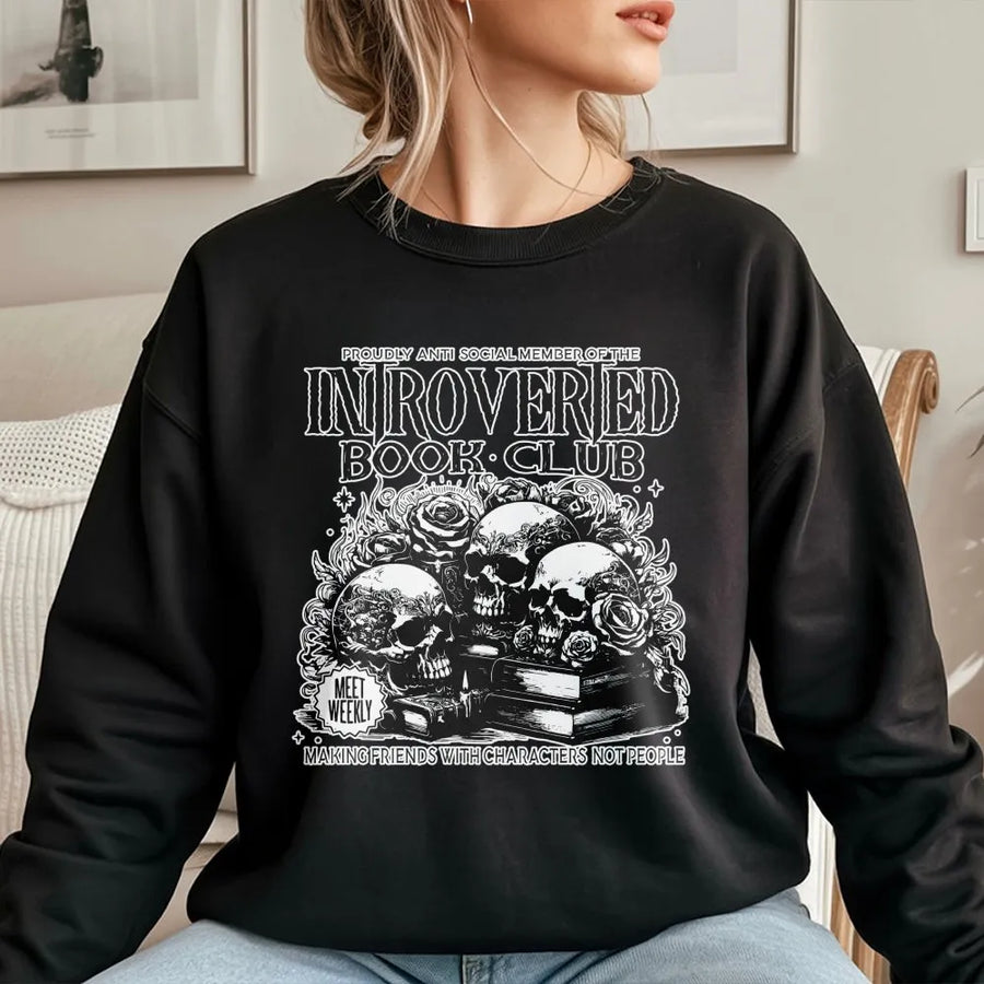 Introverted Book Club Sweatshirt | Dark Academia Skull Floral Graphic | Premium Unisex Pullover | Reader Gift for Book Lovers