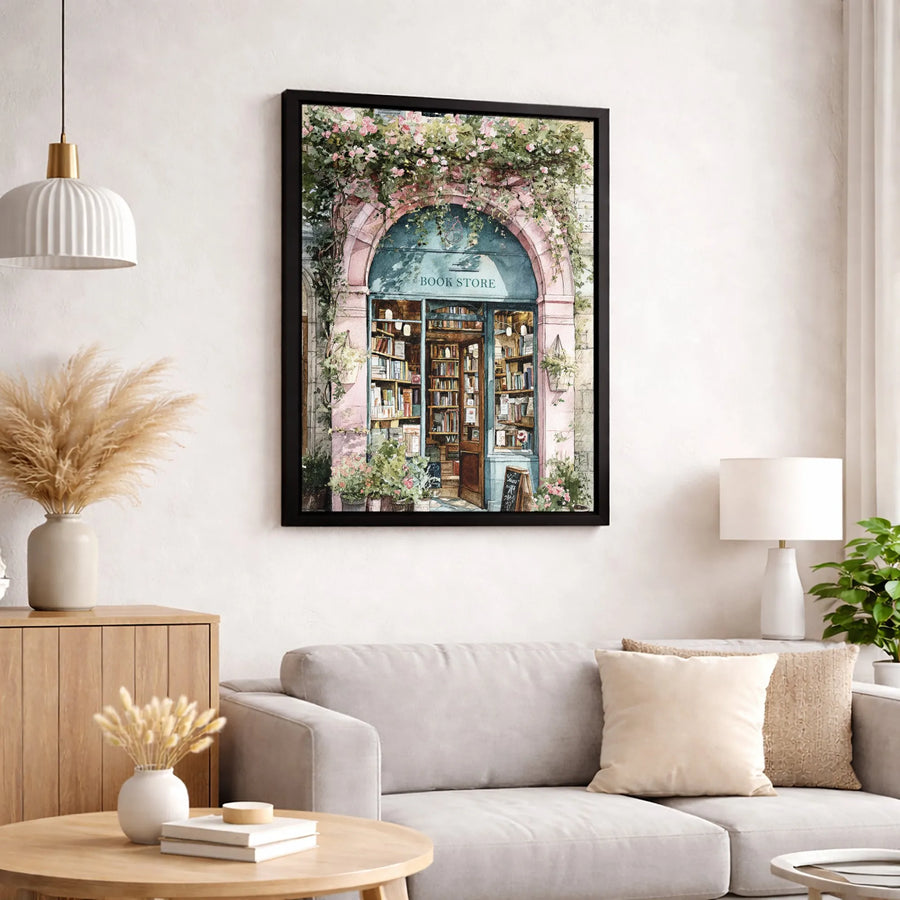 Bookstore Watercolor Canvas Print | Charming Floral Shop Wall Art | Premium Gallery Wrapped | Librarian Gift Home Decor