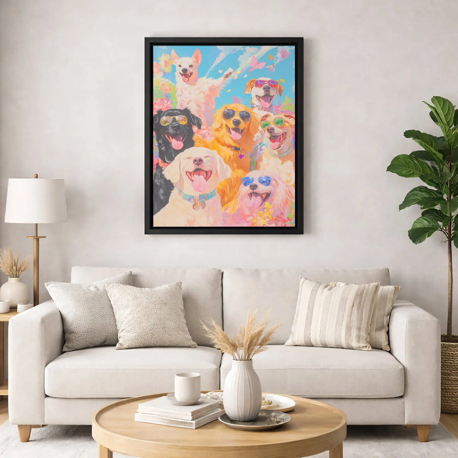Colorful Dog Art Canvas | Happy Pups Wearing Sunglasses Design | Gallery-Quality 1.25-Inch Profile | Vibrant Pet Lover Home Decor Gift