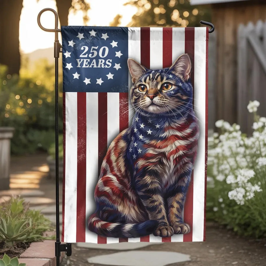 American Flag Cat Garden Flag | 250 Years Patriotic Tabby Cat | Double Sided Polyester | Outdoor Yard Decor Gift for Cat Lovers