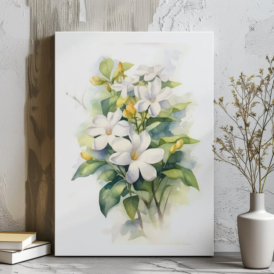 White Gardenia Canvas Wall Art | Botanical Watercolor Floral Print | Premium Gallery Wrapped Decor | Modern Home Office Botanical Gift
