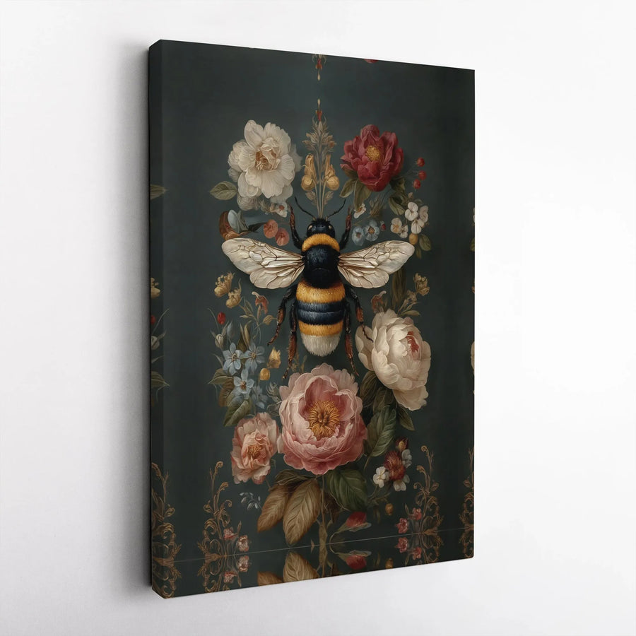 Bumblebee Floral Canvas Art | Moody Dark Botanical Peony Print | 1.25-Inch Premium Gallery Wrap | Nature Lover Gift Wall Decor