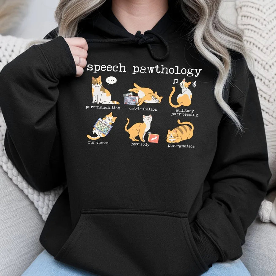 Speech Pathologist Hoodie | Funny Speech Pawthology Cat Pun Design | Premium Cotton-Blend | SLP Graduation Gift for Speech Therapist