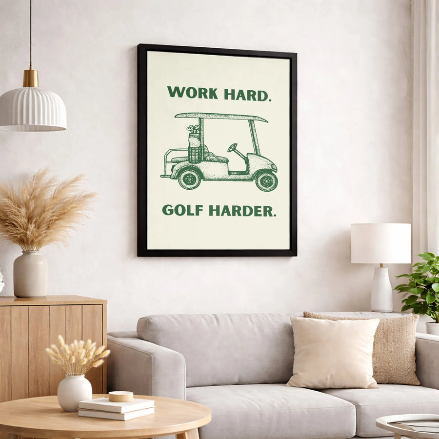 Work Hard Golf Harder Canvas Wall Art | Funny Golf Cart Quote Print | Premium Gallery Wrap Decor | Unique Golf Lover Gift for Office or Home