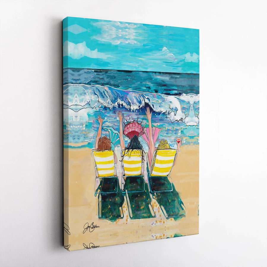 Three Mermaids Beach Wall Art | Tropical Ocean Vacation Decor | 1.25-Inch Gallery Wrapped Canvas | Coastal Gift For Her