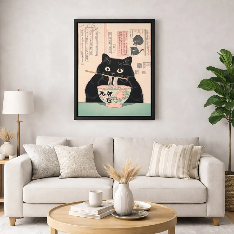 Japanese Ukiyo-e Cat Ramen Wall Art | Cute Black Cat Eating Noodles Print | Premium Gallery Wrapped Canvas | Quirky Home Decor Gift