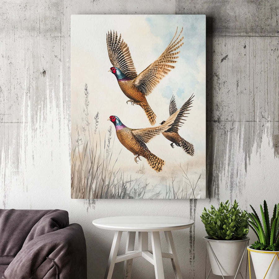 Pheasant Hunting Canvas Wall Art | Flying Game Birds Watercolor Print | 1.25 Inch Gallery Wrap | Wildlife Home Decor Gift for Hunters
