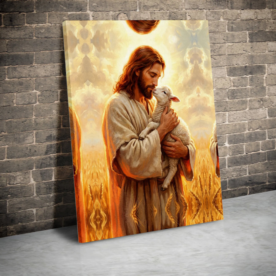 Jesus and Lamb Canvas Wall Art | Good Shepherd Christian Painting | Premium Frameless Print | Spiritual Home Decor Gift