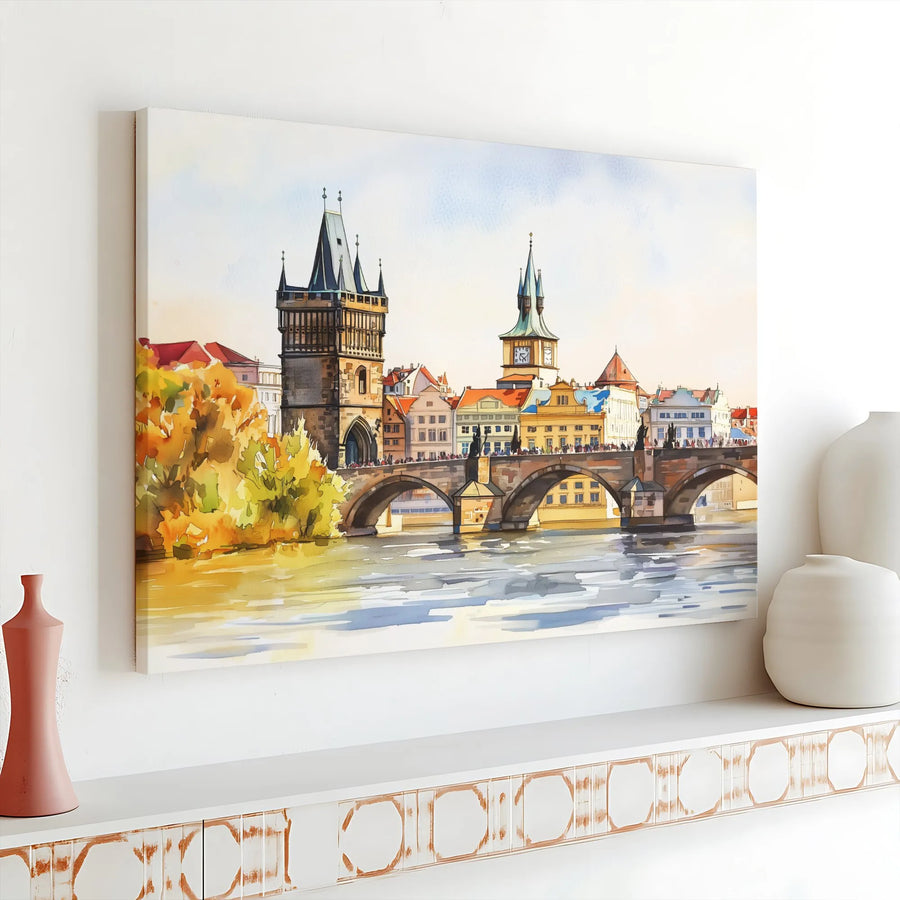 Prague Watercolor Canvas Print | Charles Bridge Cityscape Painting | Premium Gallery Wrap Wall Art | Living Room Decor Gift for Traveler