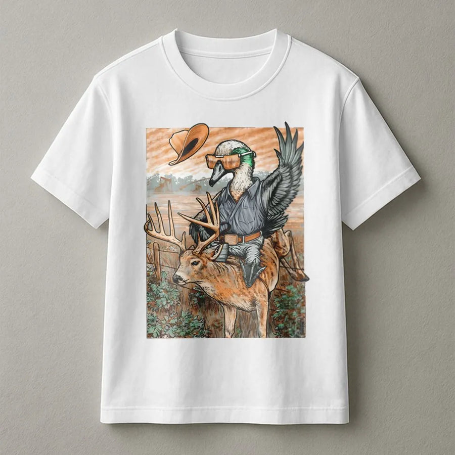 Funny Duck Riding Deer T-Shirt | Tactical Mallard Hunter Graphic | 100% Soft Cotton Tee | Unique Outdoor Gift for Hunters & Wildlife Lovers
