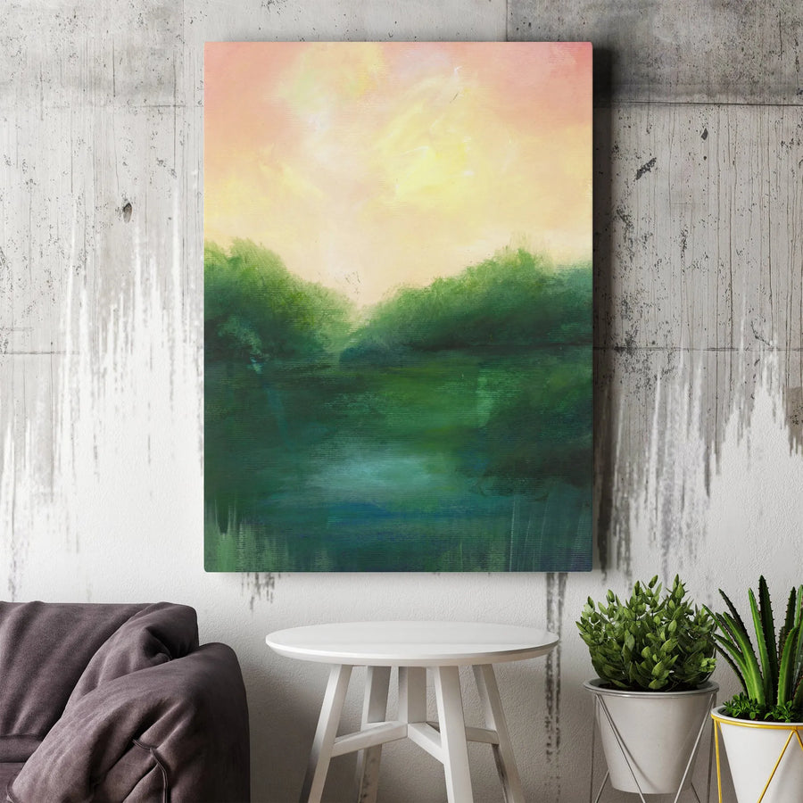 Abstract Forest Vertical Canvas | Serene River Landscape Painting | Premium Thick Gallery Wrap | Modern Living Room Decor Gift