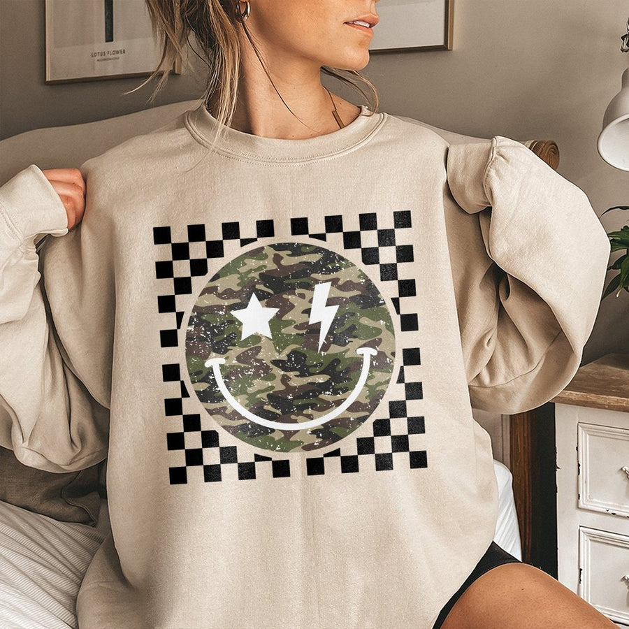 Camo Smiley Face Sweatshirt | Checkered Star Lightning Bolt Print | Premium Cotton Blend | Trendy Unisex Graphic Gift for Her