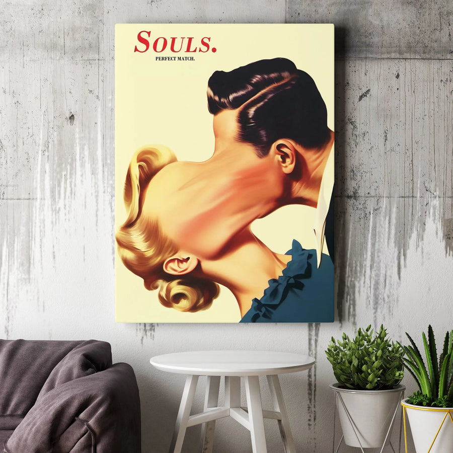 Surreal Couple Canvas Print | Retro Soulmates Kissing Illustration | Premium Gallery Wrapped Canvas | Modern Home Decor Gift