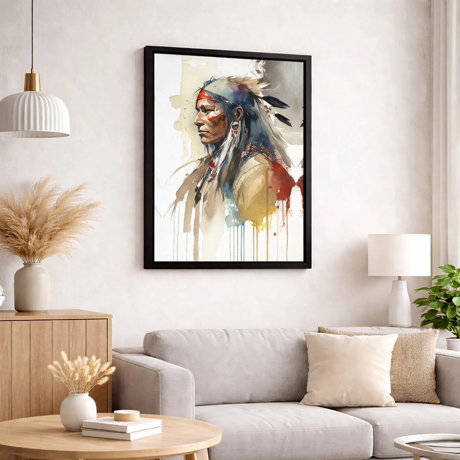 Native American Warrior Wall Art | Watercolor Portrait Canvas Print | 1.25 Inch Gallery Wrap | Southwestern Home Decor Gift for Him