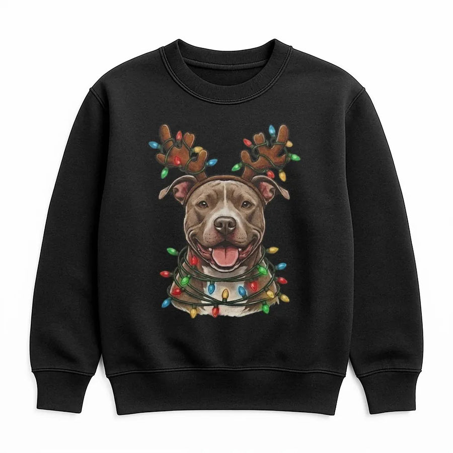 Pitbull Christmas Sweatshirt | Festive Reindeer Antlers and Lights Graphic | Cozy Cotton Blend | Perfect Holiday Gift for Dog Mom or Dad