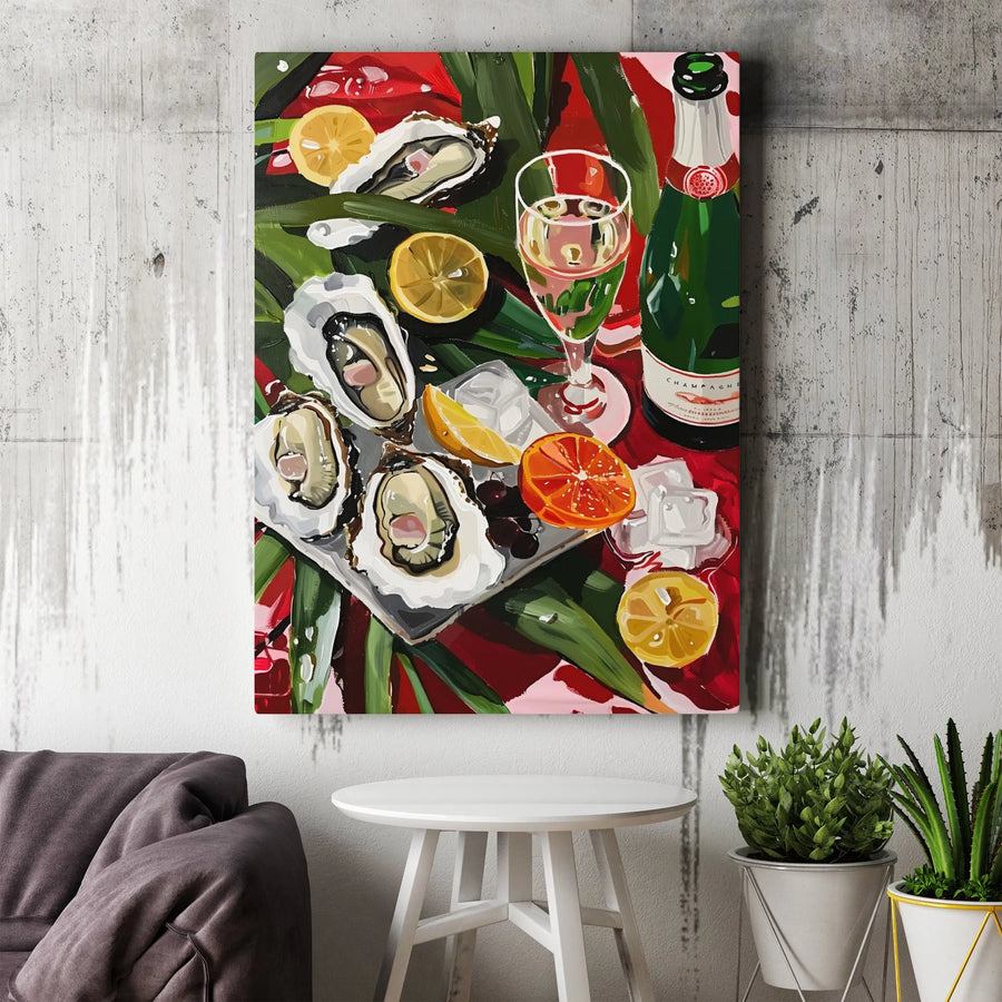 Oysters and Champagne Canvas Art | Still Life Kitchen Wall Decor | Premium Gallery Wrap Print | Elegant Dining Room Gift for Foodies