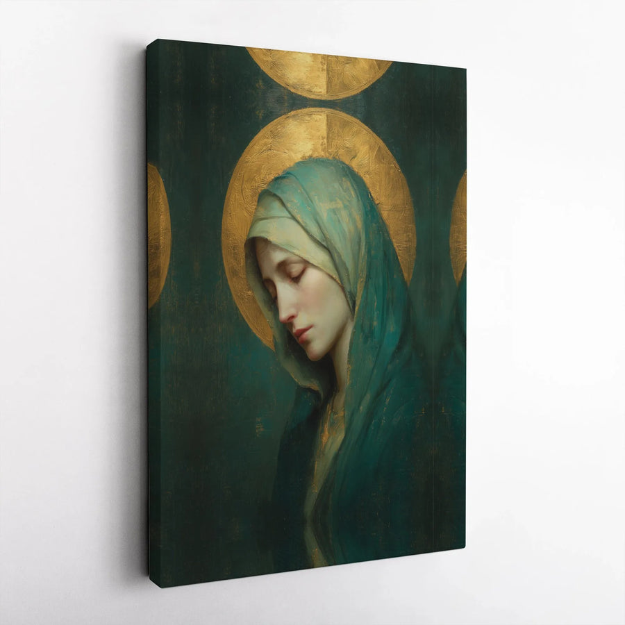 Virgin Mary Canvas Print | Renaissance Style Portrait with Gold Halo | Premium Gallery Wrapped Canvas | Christian Spiritual Wall Art Gift