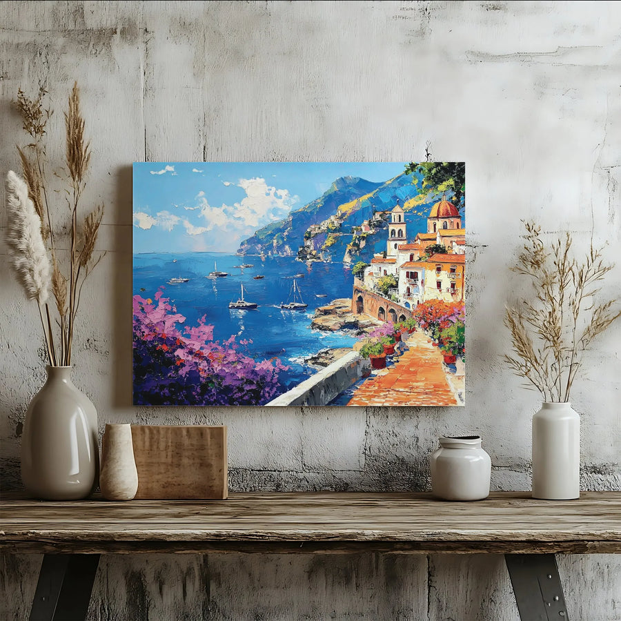 Amalfi Coast Mediterranean Sea Horizontal Canvas | Vibrant Palette Knife Textured Oil Painting Print | Premium 1.25 Inch Gallery Wrap | Luxury Housewarming Gift for Travel Lovers