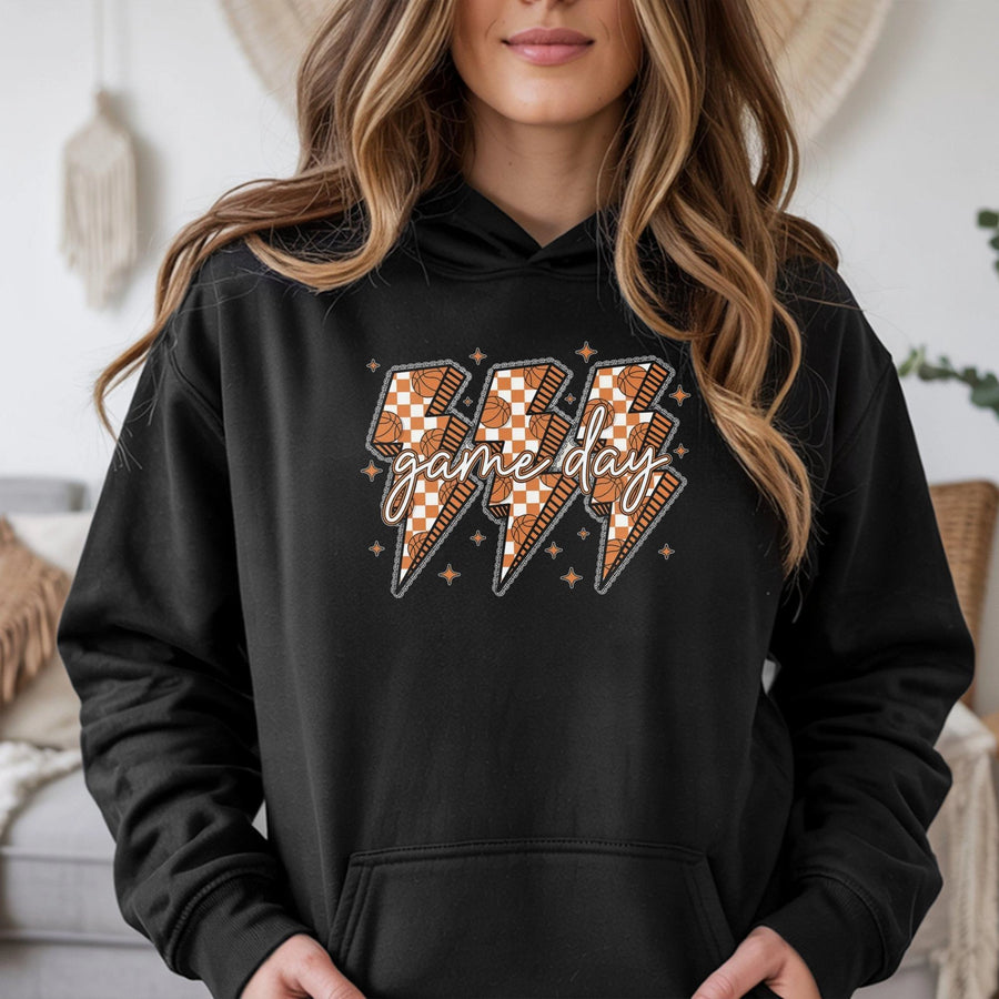 Game Day Basketball Hoodie | Checkerboard Lightning Bolt Graphic | Premium Cotton Blend | Unisex Sports Fan Gift for Players & Coaches
