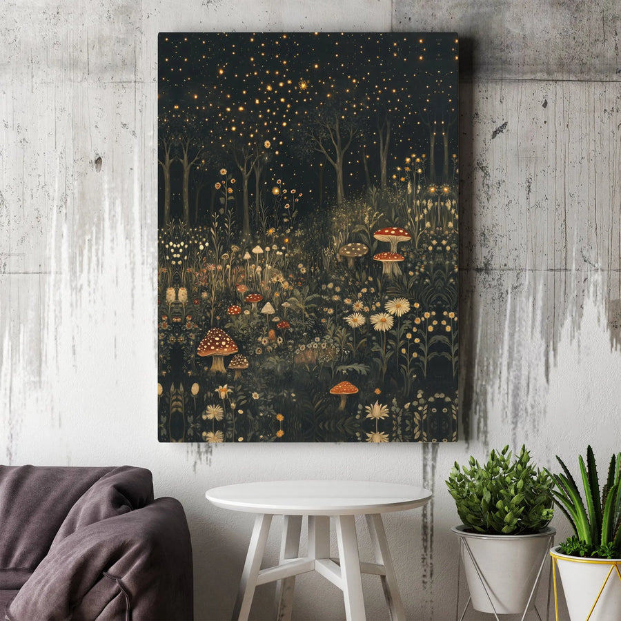 Magical Forest Canvas Print | Glowing Fireflies and Wild Mushroom Art | 1.25” Gallery Wrap Frame | Premium Nature Home Decor Wall Art
