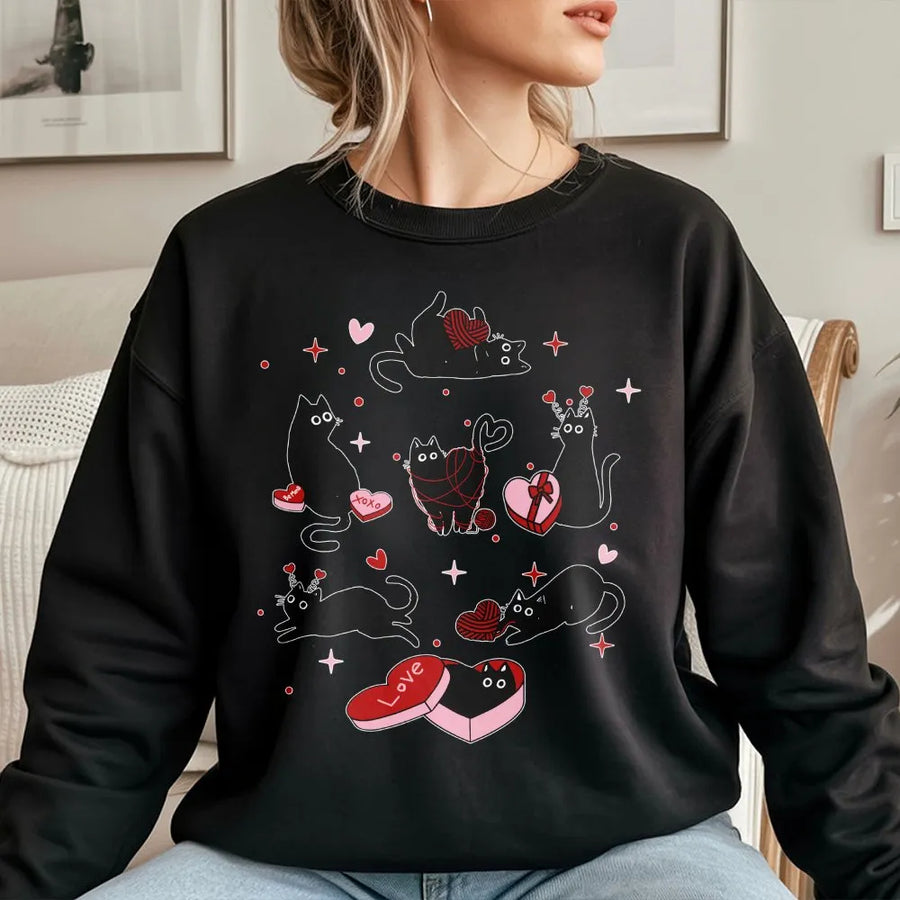 Valentine Black Cat Sweatshirt | Cute Kitten Heart Graphic Print | Premium Soft Cotton Blend | Romantic Cat Lover Gift For Her