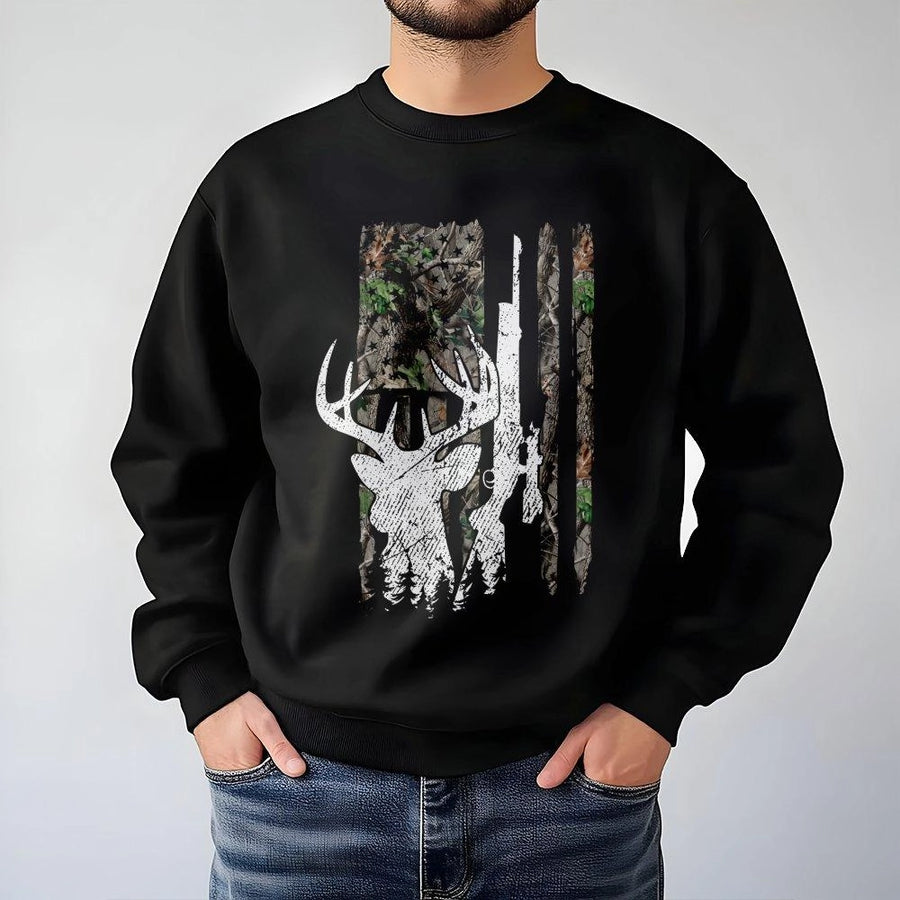 Deer Hunting Sweatshirt | Camo American Flag Buck Graphic | Cotton Blend Premium Pullover | Gift For Hunters And Outdoor Enthusiasts