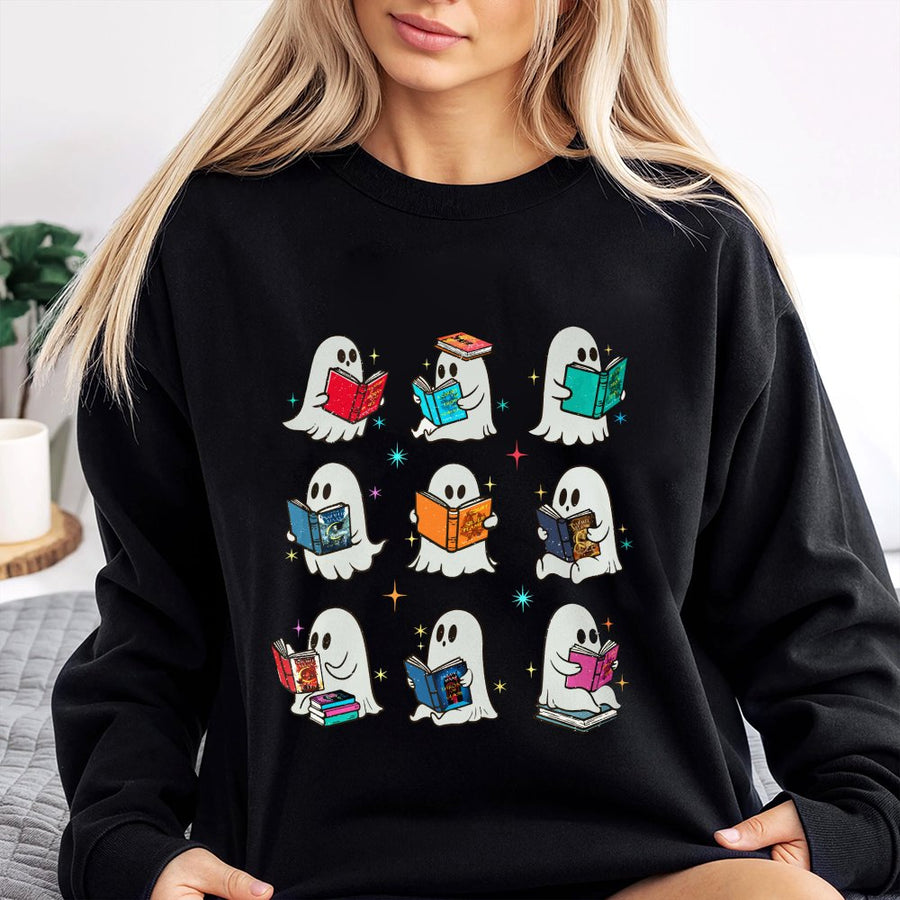 Reading Ghost Sweatshirt | Cute Book Lover Graphic Crewneck | Soft Cotton Blend | Gift For Librarians Teachers And Bibliophiles