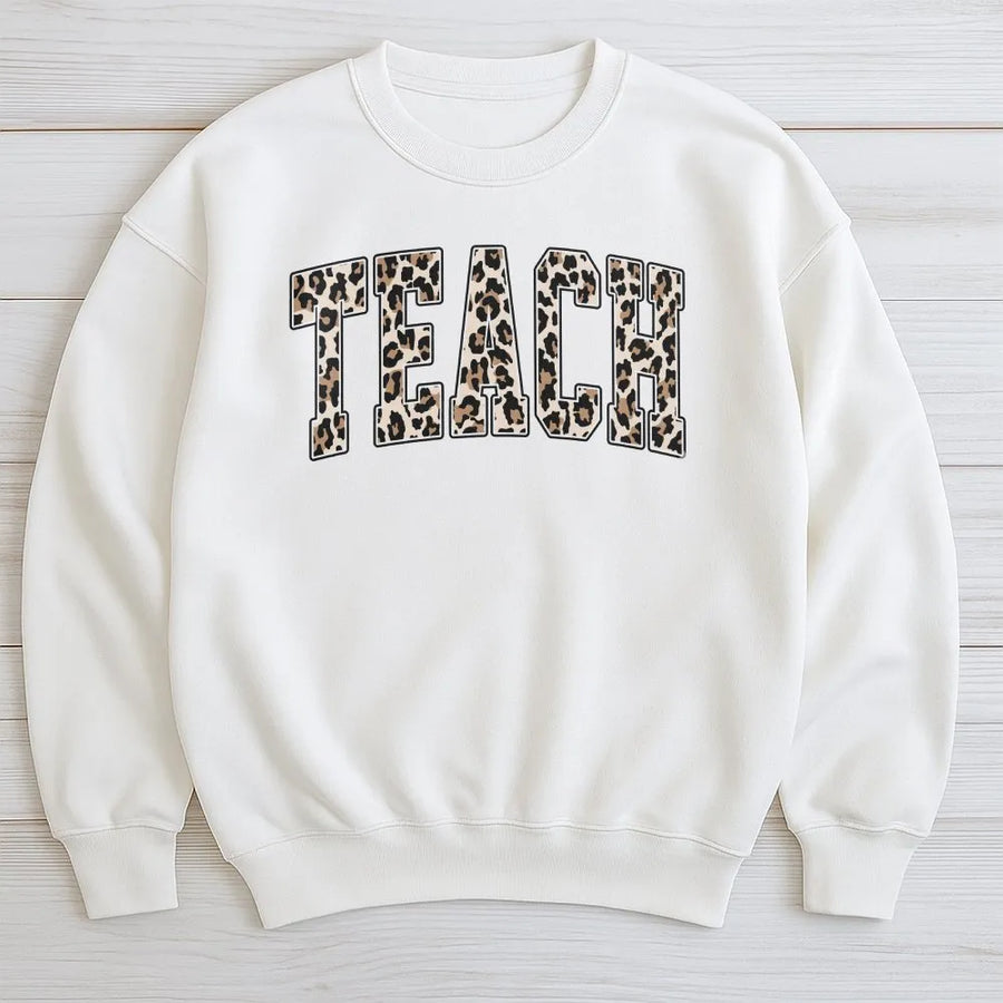 Leopard Print Teacher Sweatshirt | Back To School Educator Gift | Cotton Blend Comfort | Trendy Classroom Crewneck Pullover