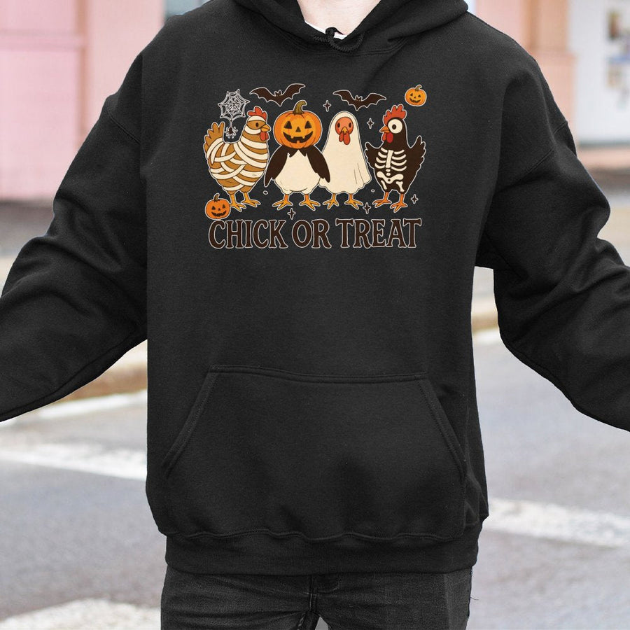 Chick Or Treat Halloween Hoodie | Funny Chicken Pumpkin Ghost Costume Graphic | Soft Cotton-Blend Premium Pullover | Spooky Farm Animal Gift For Women