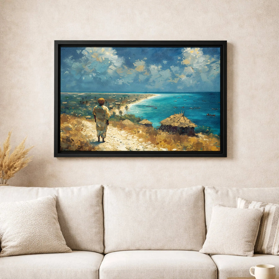 African Coastal Landscape Canvas Wall Art | Impressionist Seascape Painting with Fishing Boats | Gallery Wrap Premium Decor | Living Room Home Gift