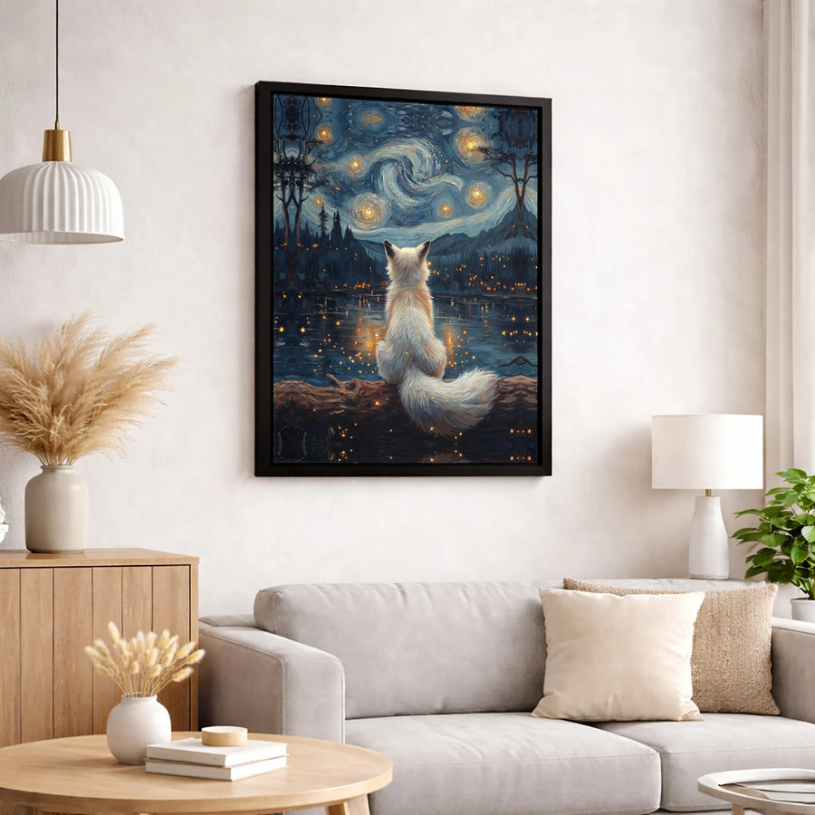White Fox Canvas Wall Art | Starry Night Impressionist Style | 1.25-Inch Thick Gallery Wrap | Nature Lover Home Decor Gift