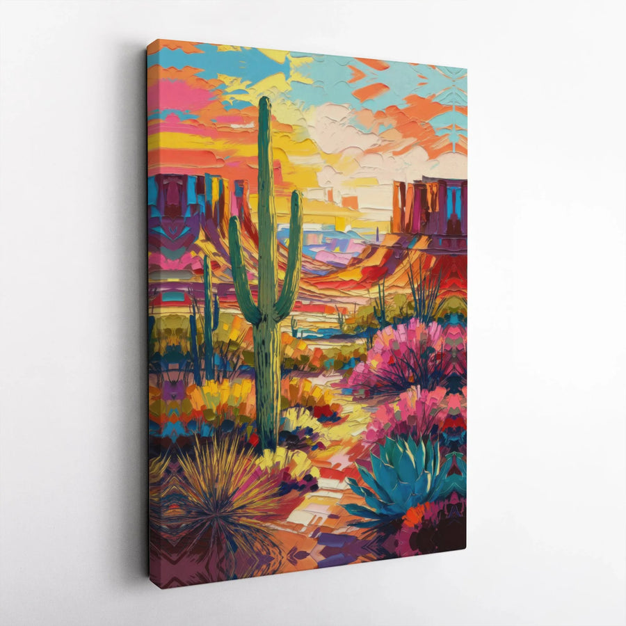 Southwestern Desert Canvas Wall Art | Vibrant Saguaro Cactus Landscape | Premium Gallery-Wrapped Print | Modern Boho Home Decor Gift