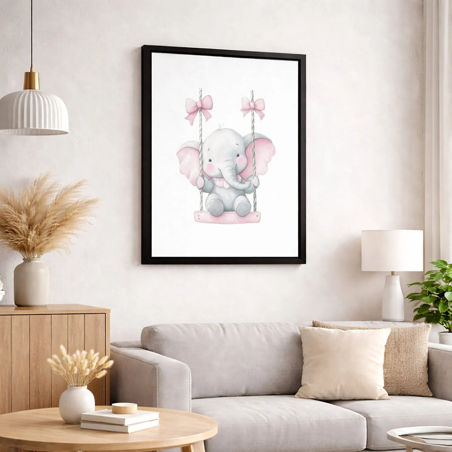 Baby Elephant Nursery Wall Art | Cute Watercolor Animal on Swing | Premium Gallery Canvas | Perfect Baby Shower Gift for Girls Room