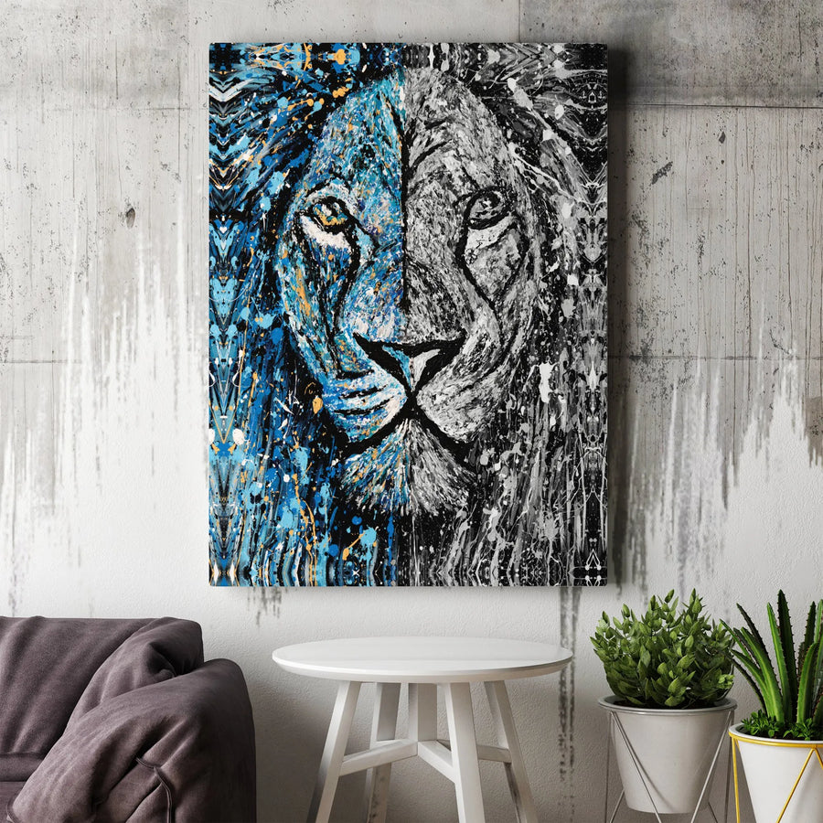 Abstract Lion Canvas Wall Art | Split Face Paint Splatter Print | Premium Gallery-Wrapped 1.25" Profile | Bold Office and Home Decor Gift