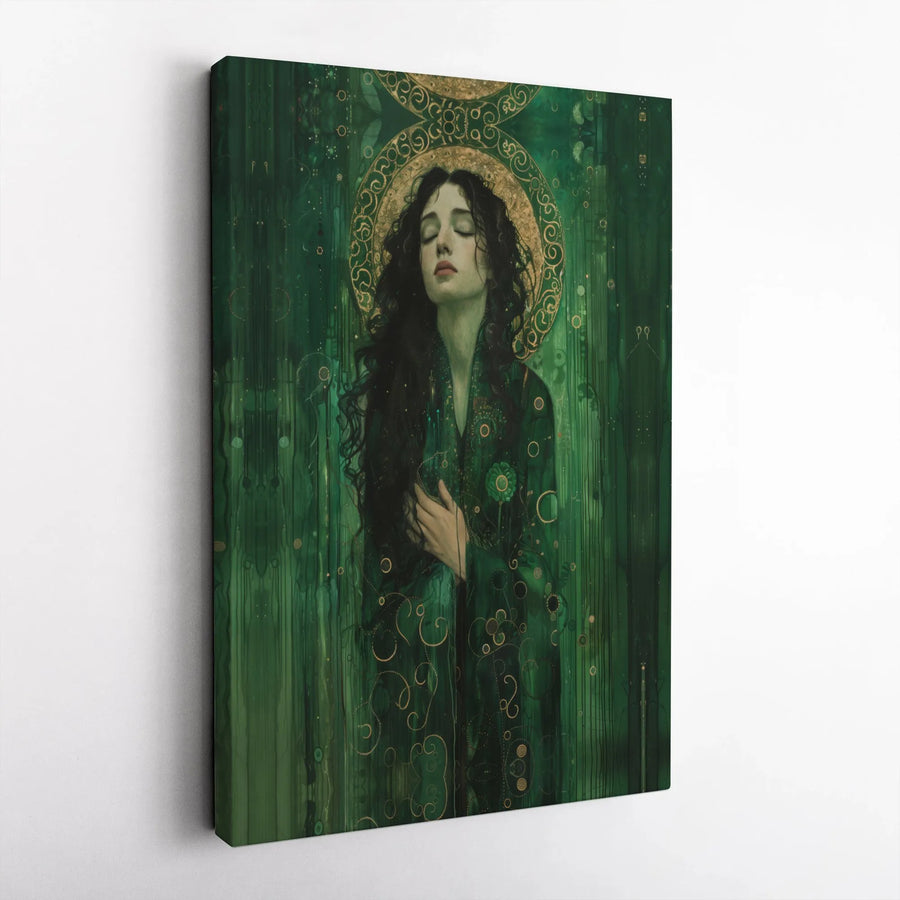 Emerald Goddess Wall Art | Mystical Woman With Golden Halo Print | Gallery Wrapped Premium Canvas | Ethereal Decor For Spiritual Home Living