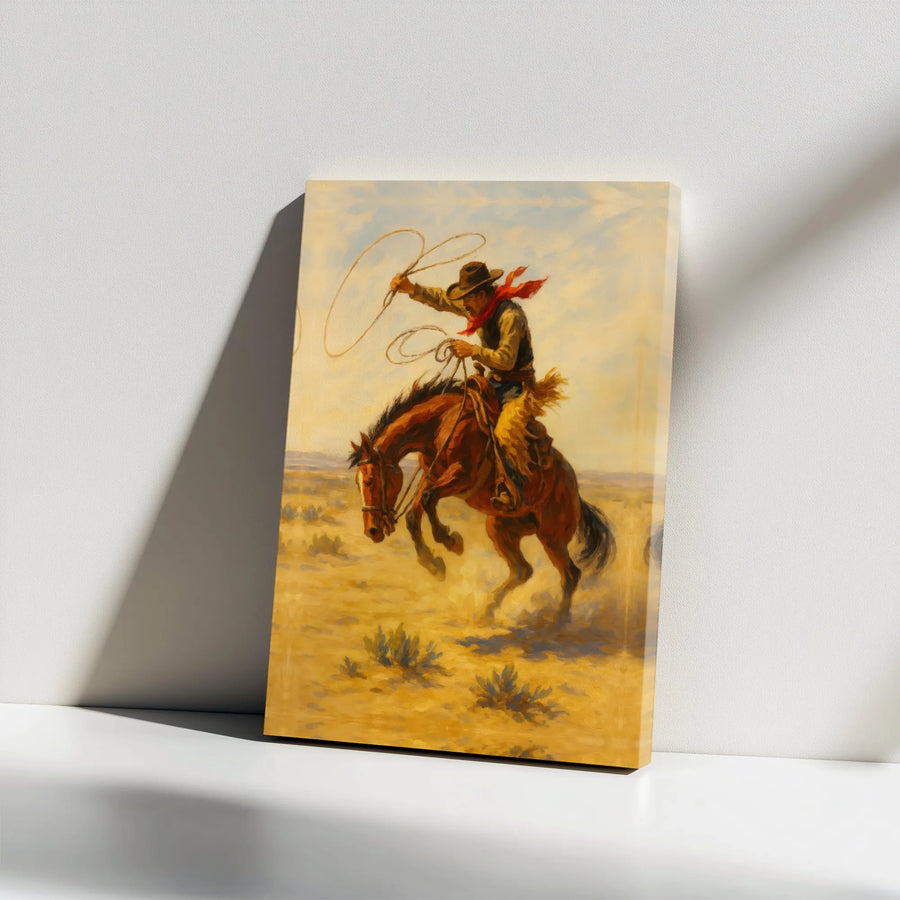 Western Cowboy Canvas Wall Art | Vintage Rodeo Scene with Lasso | Premium Gallery Wrap Canvas | Ranch House Decor Gift for Men