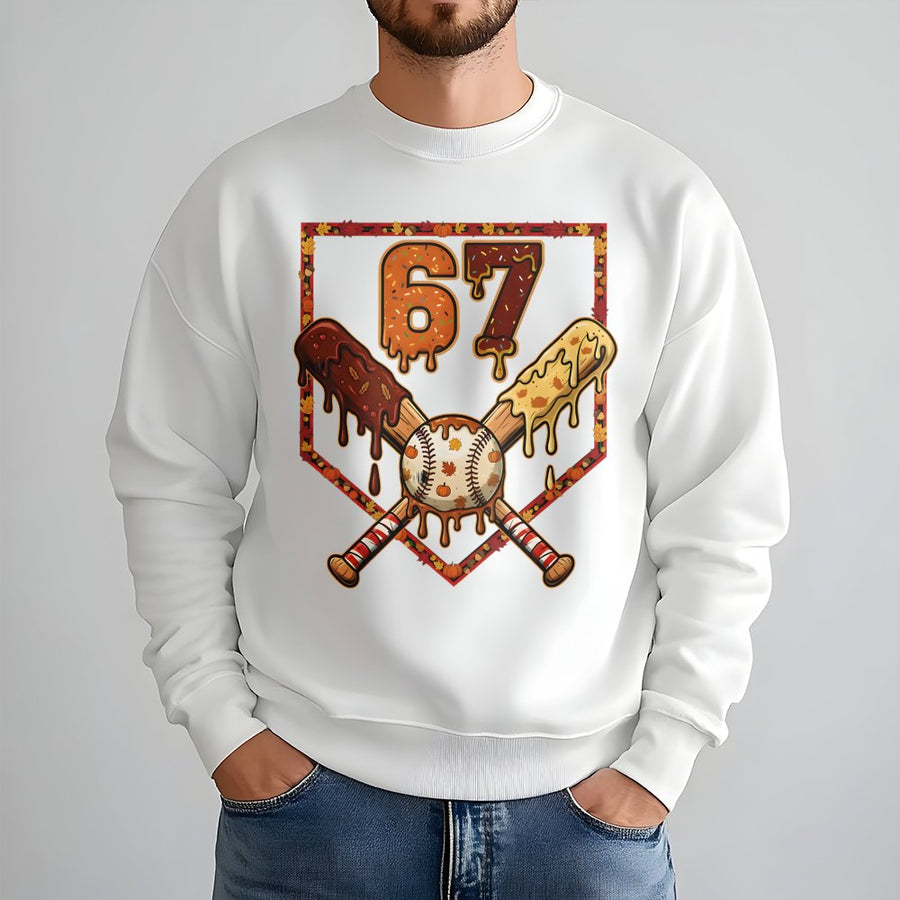 67 Baseball Thanksgiving Sweatshirt | Drip Font Autumn Sports Graphic | Premium Cotton Blend Crewneck | Gift For Baseball Players And Fans