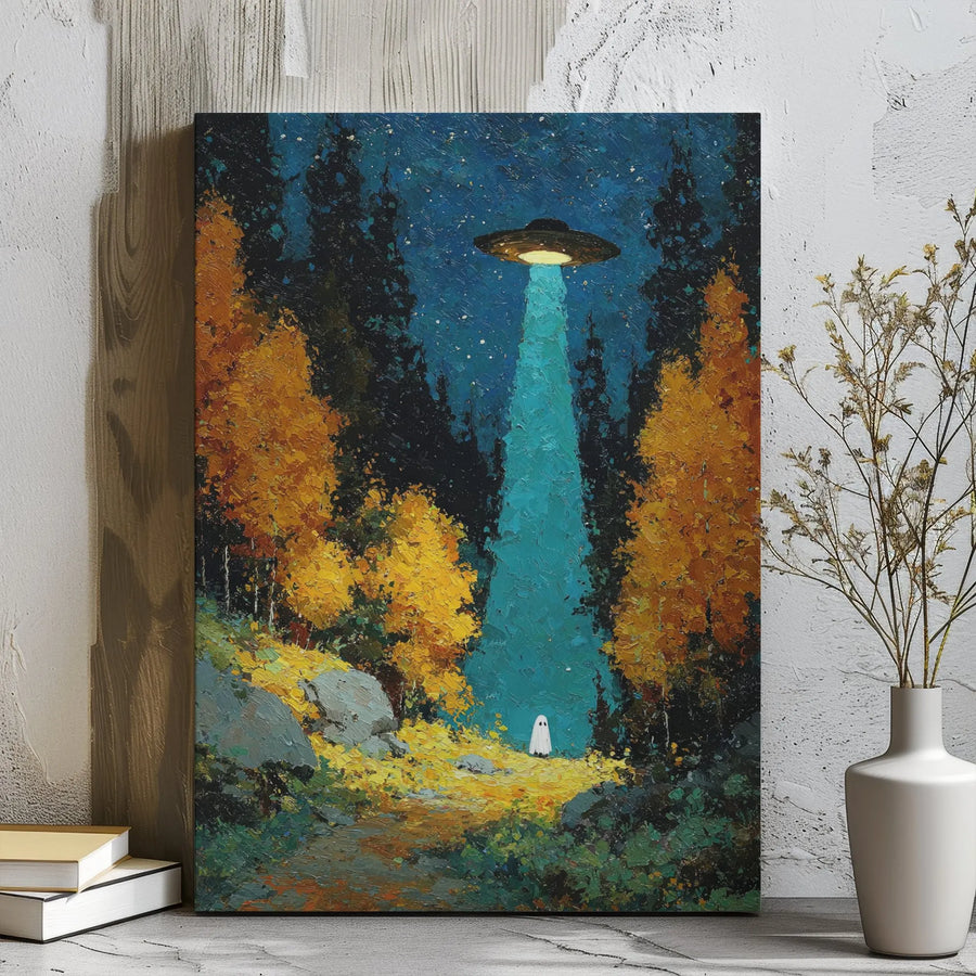 UFO Abduction Ghost Canvas Print | Spooky Forest Landscape Art | Premium Gallery Wrapped Decor | Unique Halloween Wall Art Gift
