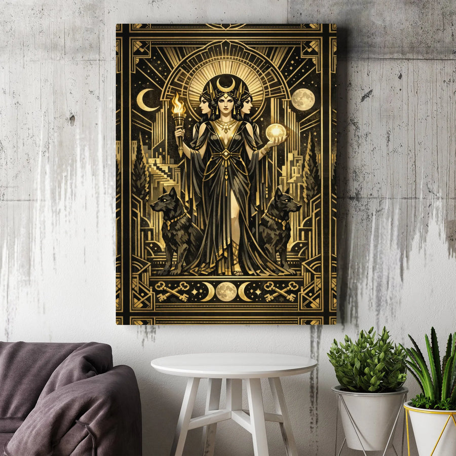 Hecate Canvas Wall Art | Art Deco Triple Goddess Illustration | Premium Gallery Wrapped Canvas | Pagan Home Decor Collector's Gift