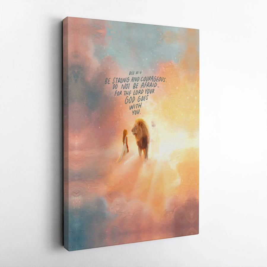 Deuteronomy 31:6 Wall Art | Be Strong And Courageous Lion Of Judah Canvas | Gallery Quality 1.25 Inch Frame | Christian Gift For Her Or Home Decor