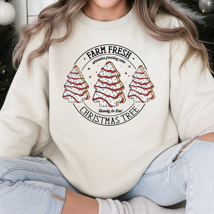 Farm Fresh Christmas Tree Cakes Sweatshirt | Retro Holiday Snack Graphic | Unisex Premium Cotton Blend | Funny Christmas Baking Gift