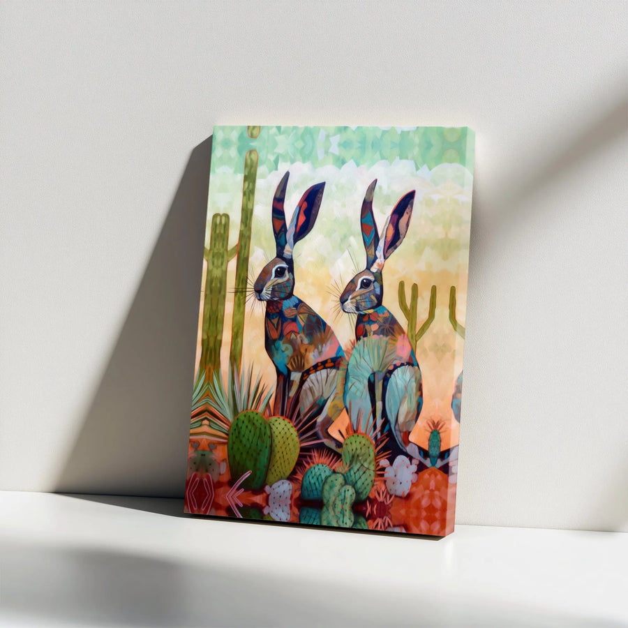 Southwestern Jackrabbit Canvas Art | Colorful Desert Hare Painting | Premium Gallery Wrapped Canvas | Boho Desert Home Decor Gift