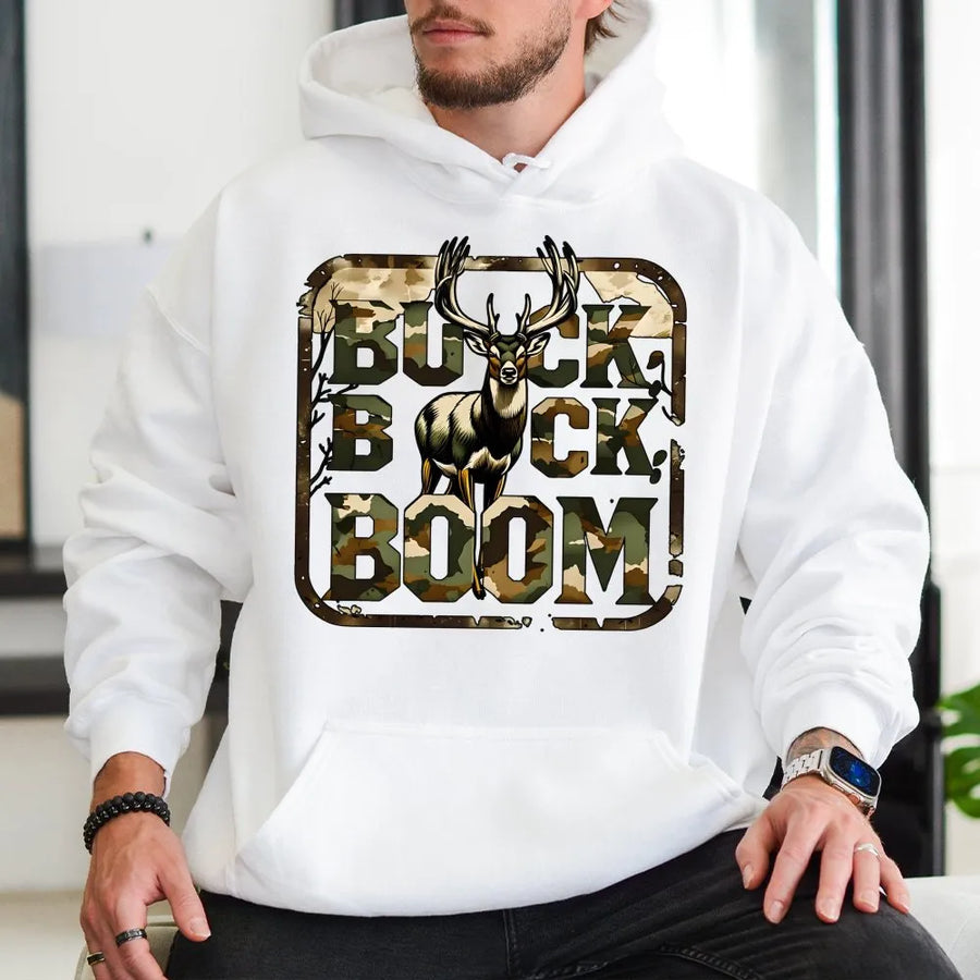 Buck Boom Hunting Hoodie | Camo Deer Antler Graphic Design | Premium Cotton Blend | Gift For Deer Hunter Outdoorsman